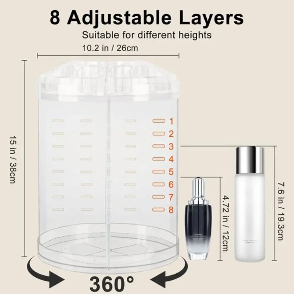 360° Rotating Clear Makeup Organizer with 8 Adjustable Layers & Large Capacity
